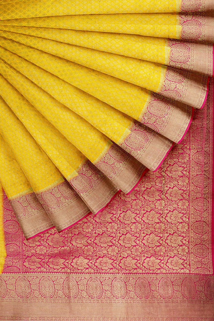 RADIANT YELLOW PURE CREPE MYSORE SILK SAREE WITH BROCADE DETAILING AND CONTRAST BORDER | SILK MARK CERTIFIED
