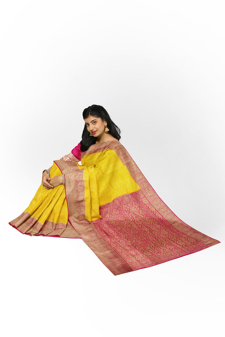 RADIANT YELLOW PURE CREPE MYSORE SILK SAREE WITH BROCADE DETAILING AND CONTRAST BORDER | SILK MARK CERTIFIED