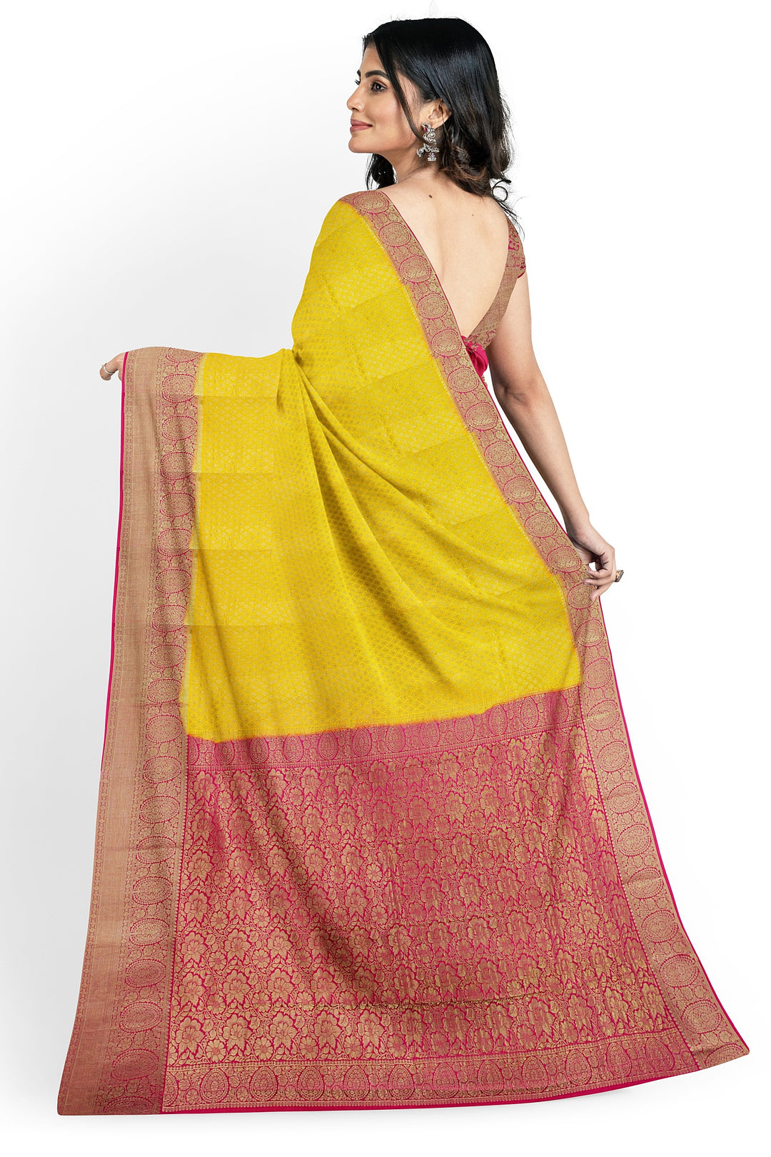 RADIANT YELLOW PURE CREPE MYSORE SILK SAREE WITH BROCADE DETAILING AND CONTRAST BORDER | SILK MARK CERTIFIED