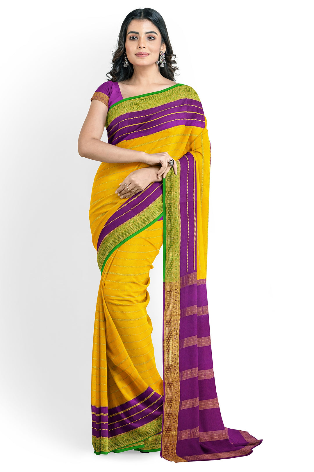 Yellow Pure Mysore Crepe Silk 3D Saree | SILK MARK CERTIFIED