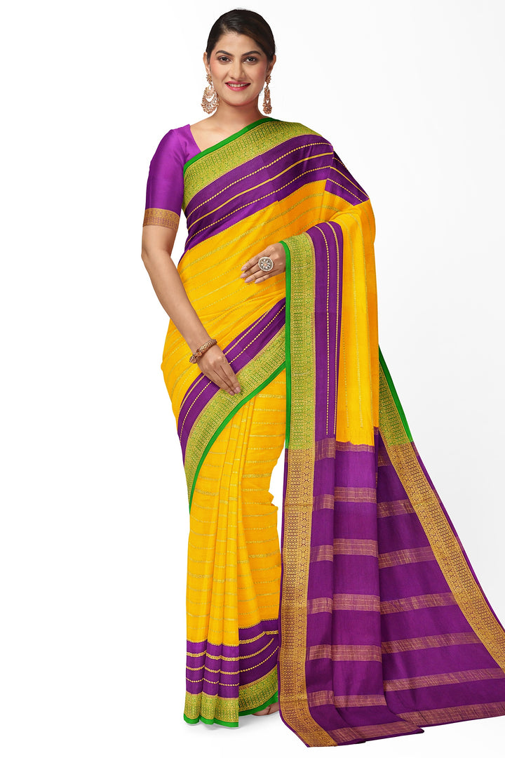 Yellow Pure Mysore Crepe Silk 3D Saree | SILK MARK CERTIFIED