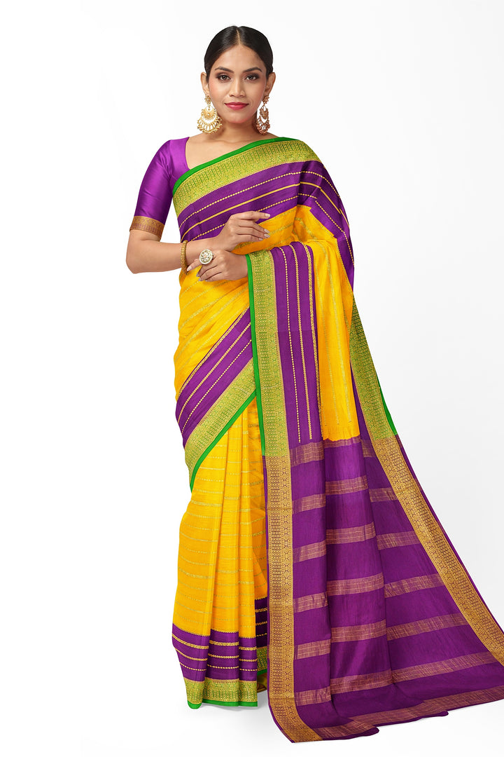 Yellow Pure Mysore Crepe Silk 3D Saree | SILK MARK CERTIFIED