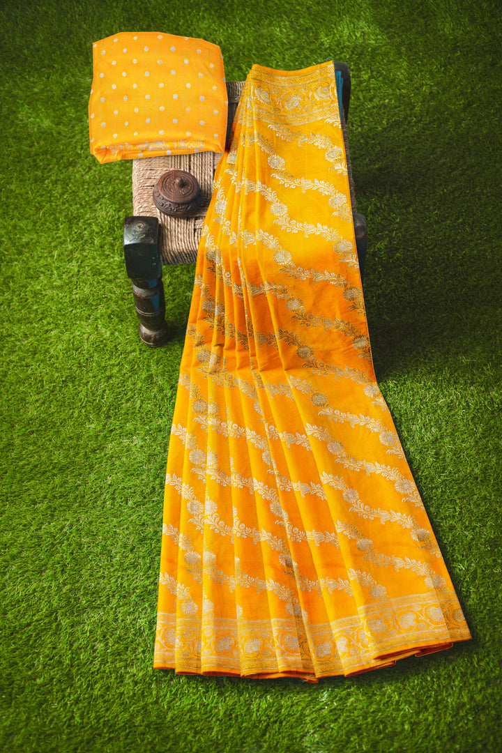 YELLOW COLOUR BLENDED KATAN SILK BANARASI HANDLOOM SAREE - ATHARVA