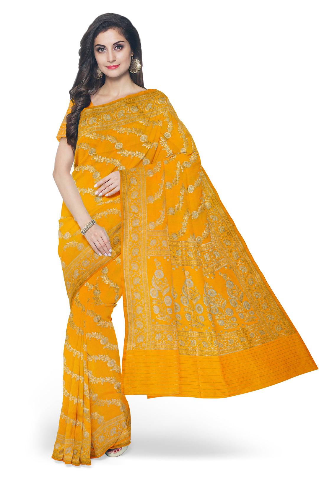 YELLOW COLOUR BLENDED KATAN SILK BANARASI HANDLOOM SAREE - ATHARVA