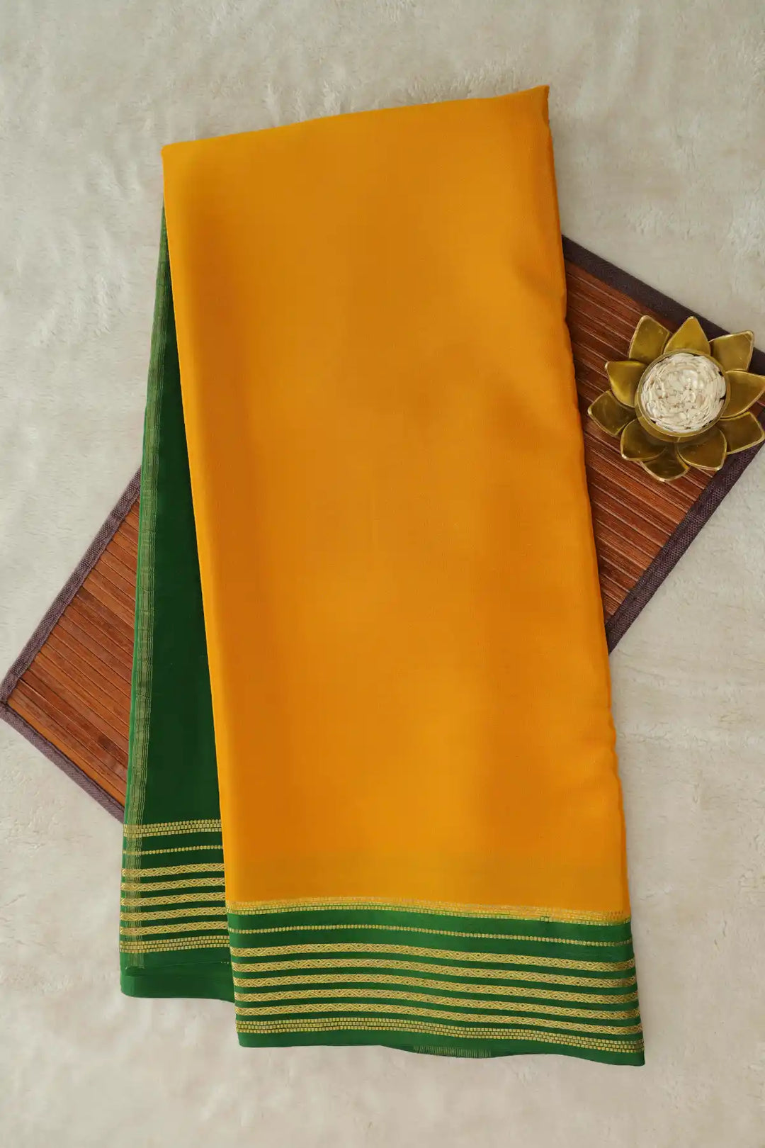 Yellow Mysore Crepe silk saree with green border