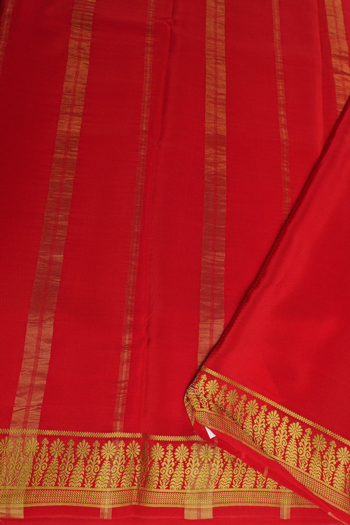 Yellow Mysore Silk Saree with Gold Zari Border and red pallu