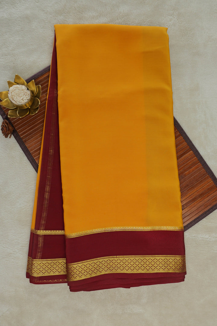 Yellow Mysore Silk Saree with Maroon Border and Golden Zari Design