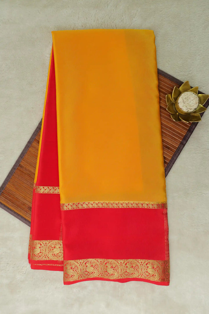Yellow Mysore Silk Saree with red pallu and gold border