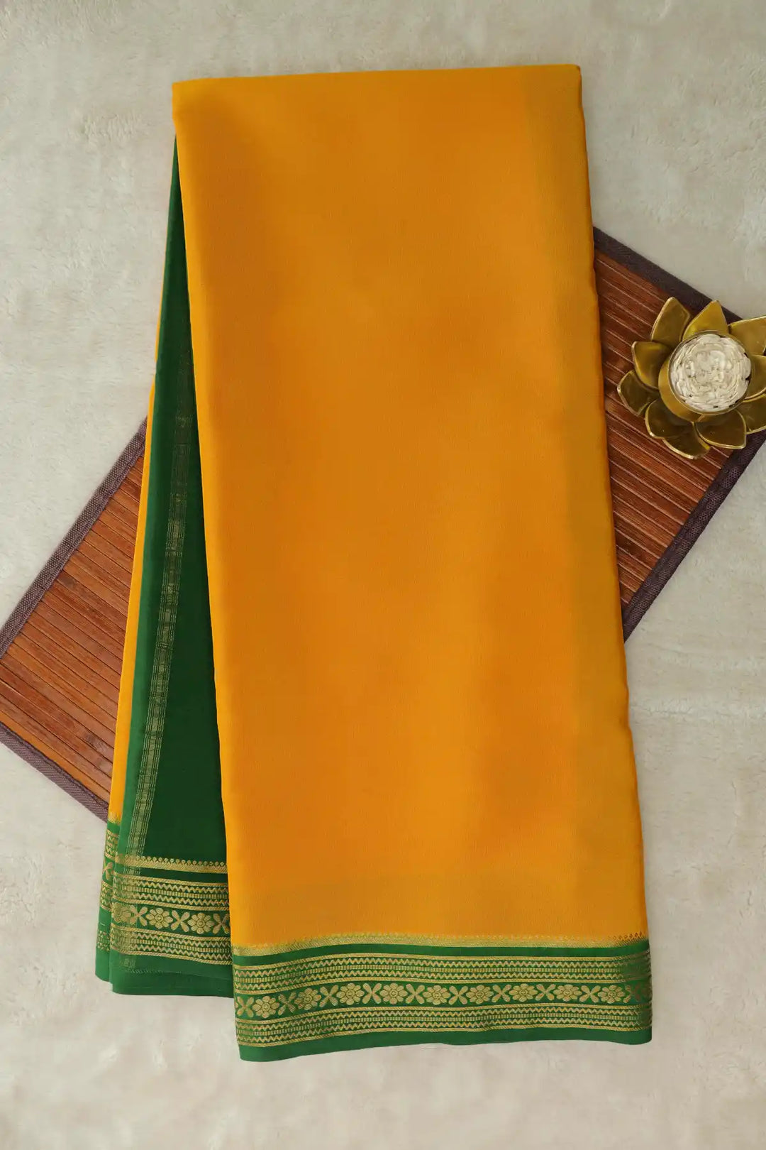 Yellow Mysore silk saree with green border