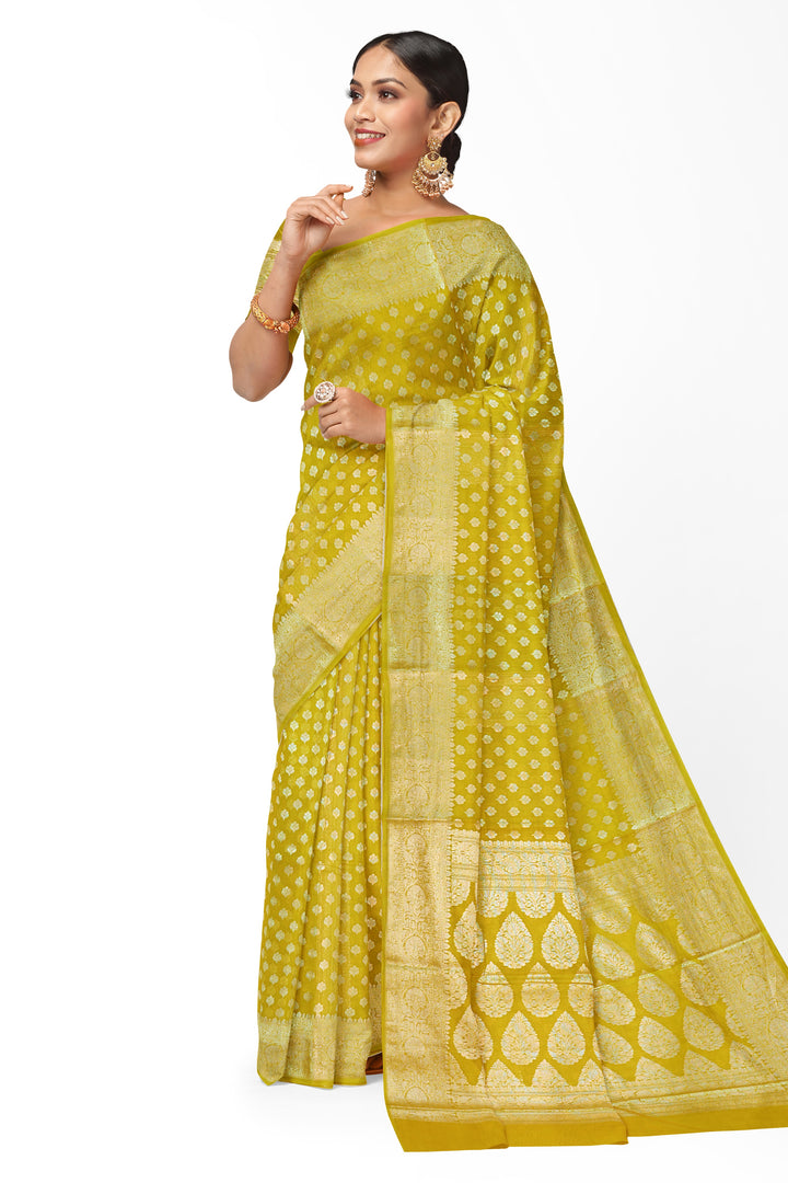 GOLDEN YELLOW COLOUR BLENDED GEORGETTE BANARASI HANDLOOM SAREE - ATHARVA