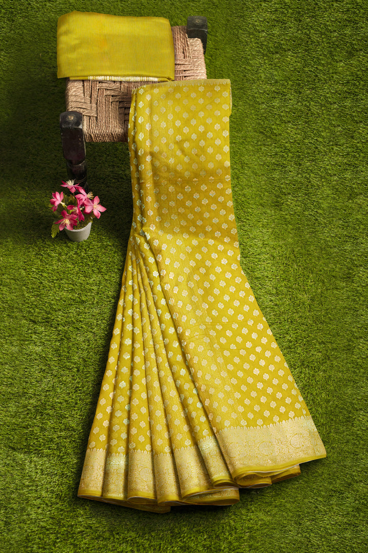 GOLDEN YELLOW COLOUR BLENDED GEORGETTE BANARASI HANDLOOM SAREE - ATHARVA