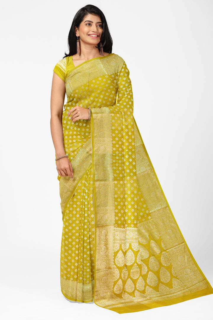 GOLDEN YELLOW COLOUR BLENDED GEORGETTE BANARASI HANDLOOM SAREE - ATHARVA