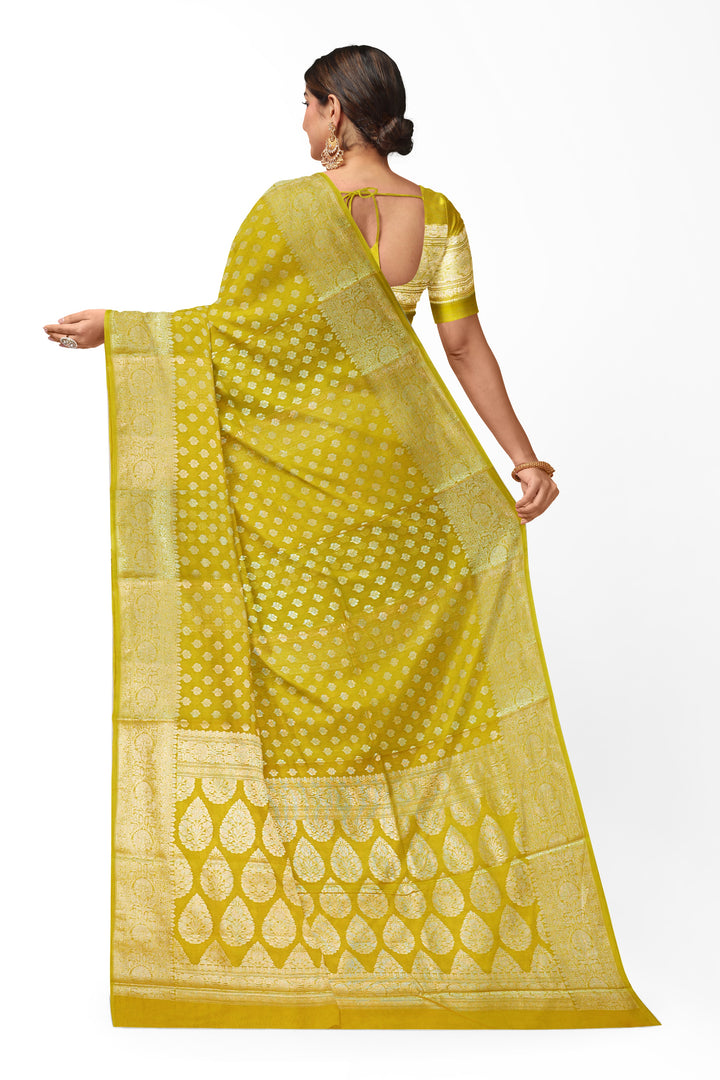 GOLDEN YELLOW COLOUR BLENDED GEORGETTE BANARASI HANDLOOM SAREE - ATHARVA