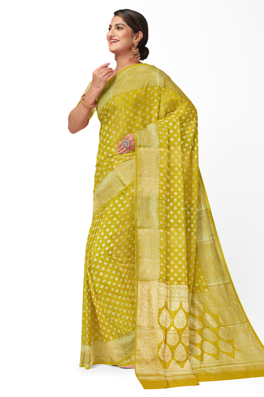 GOLDEN YELLOW COLOUR BLENDED GEORGETTE BANARASI HANDLOOM SAREE - ATHARVA