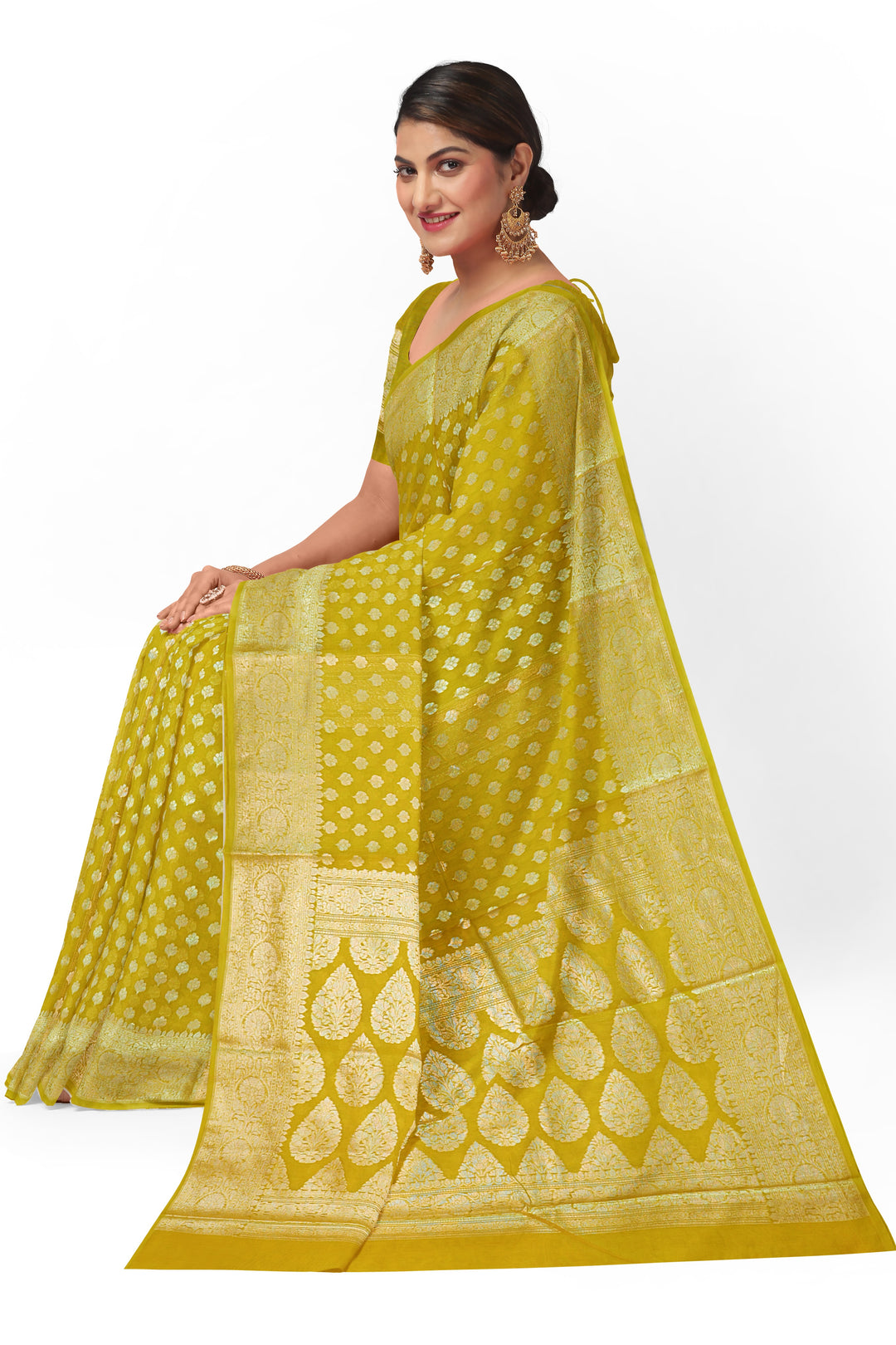 GOLDEN YELLOW COLOUR BLENDED GEORGETTE BANARASI HANDLOOM SAREE - ATHARVA