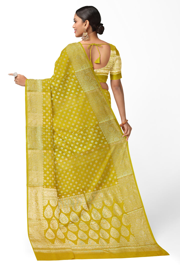 GOLDEN YELLOW COLOUR BLENDED GEORGETTE BANARASI HANDLOOM SAREE - ATHARVA