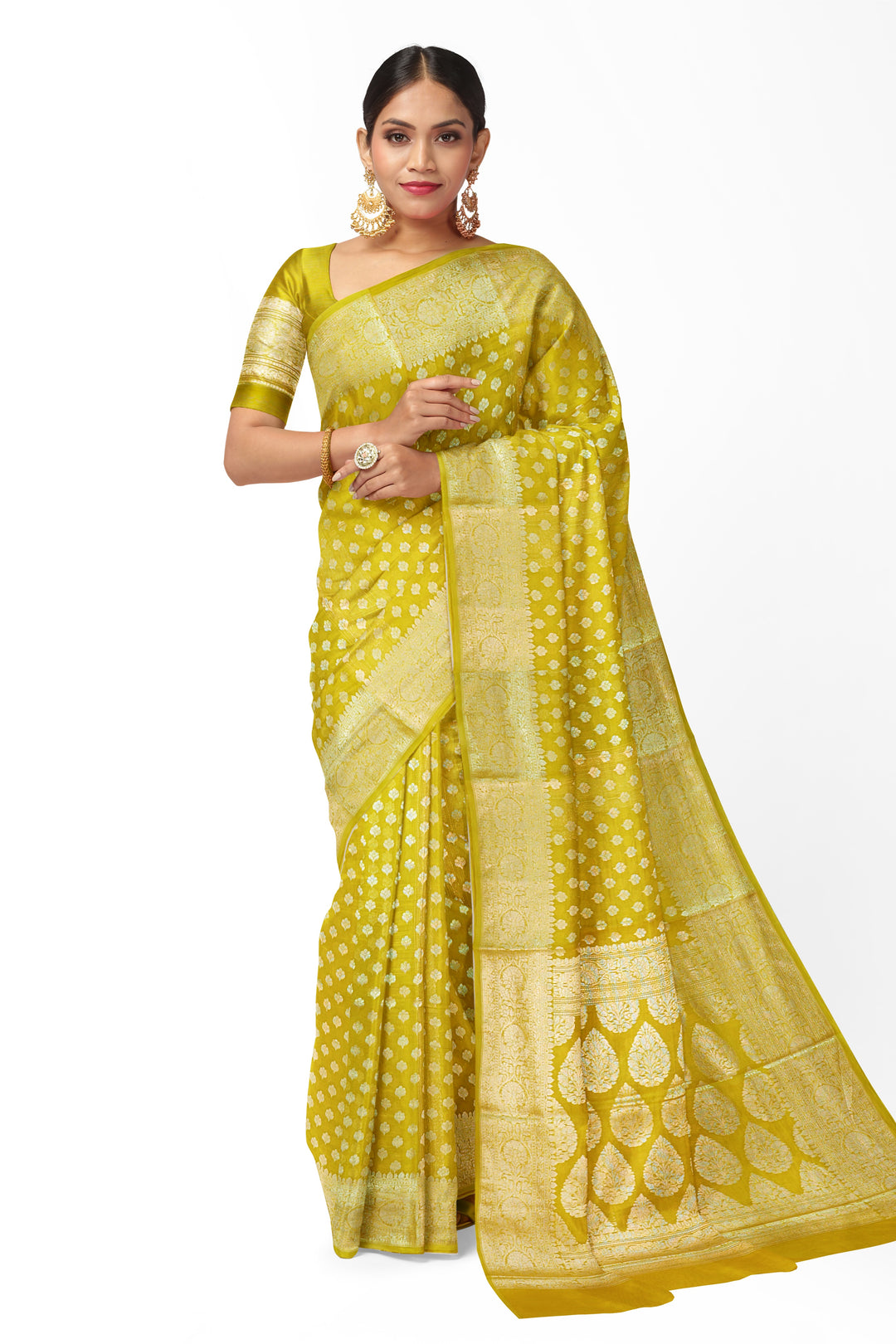 GOLDEN YELLOW COLOUR BLENDED GEORGETTE BANARASI HANDLOOM SAREE - ATHARVA