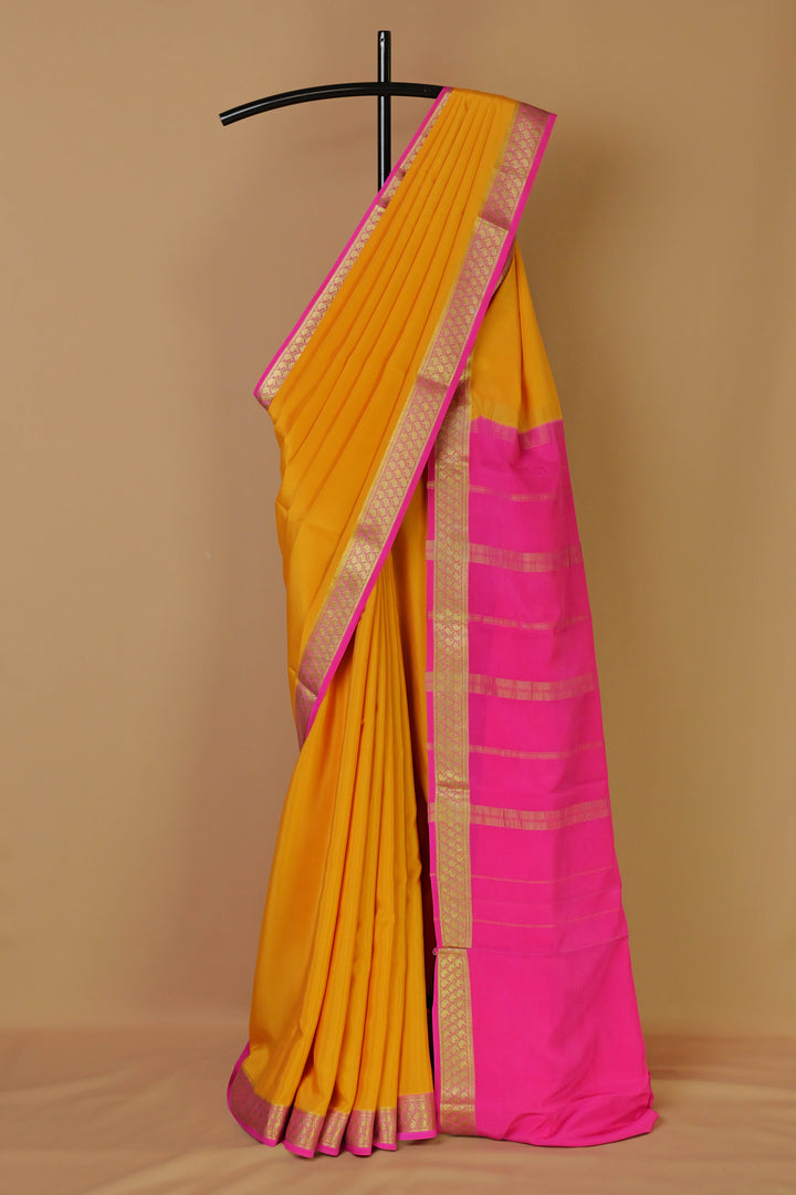 Yellow and pink Mysore crepe silk saree – Atharva