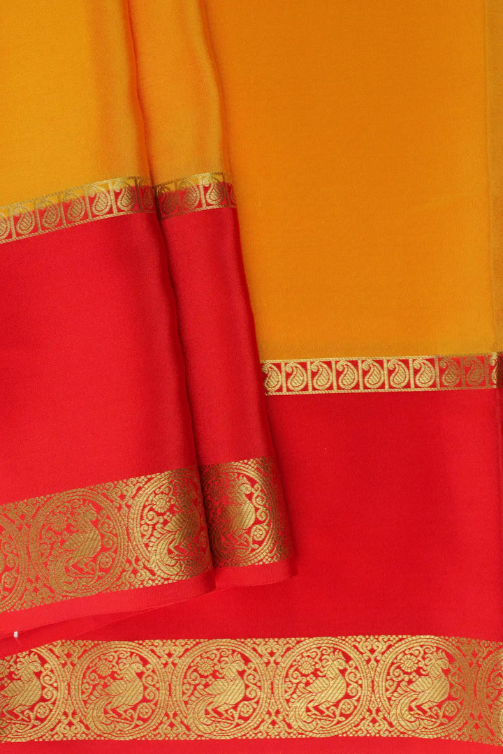 Yellow and red Mysore Silk Saree with gold woven border
