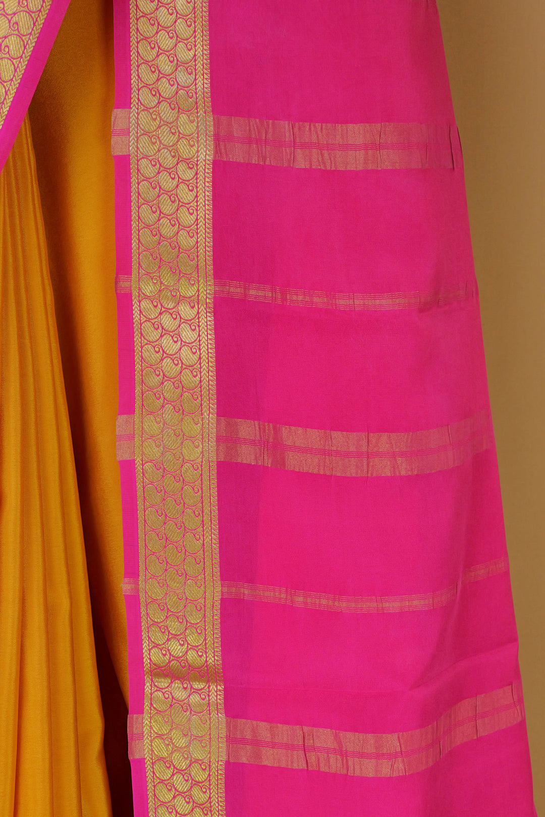 Yellow crepe Mysore silk saree with Contrast pink pallu– Atharva