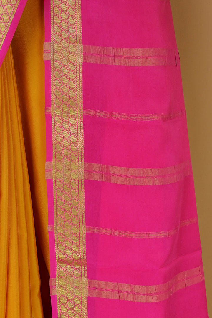 Yellow crepe Mysore silk saree with Contrast pink pallu– Atharva