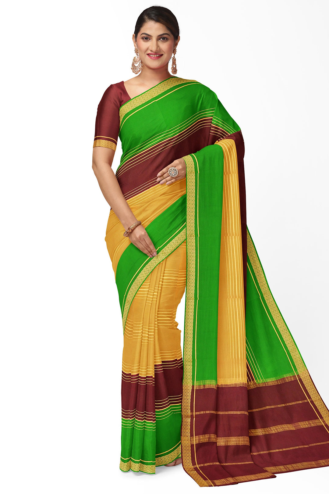 Golden Pure Mysore Crepe Silk 3D Saree | SILK MARK CERTIFIED - ATHARVA