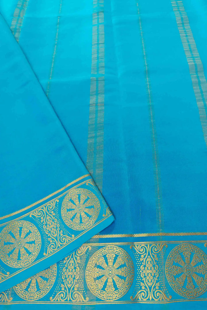 blue Mysore Silk Saree with gold design patterns and sky blue pallu