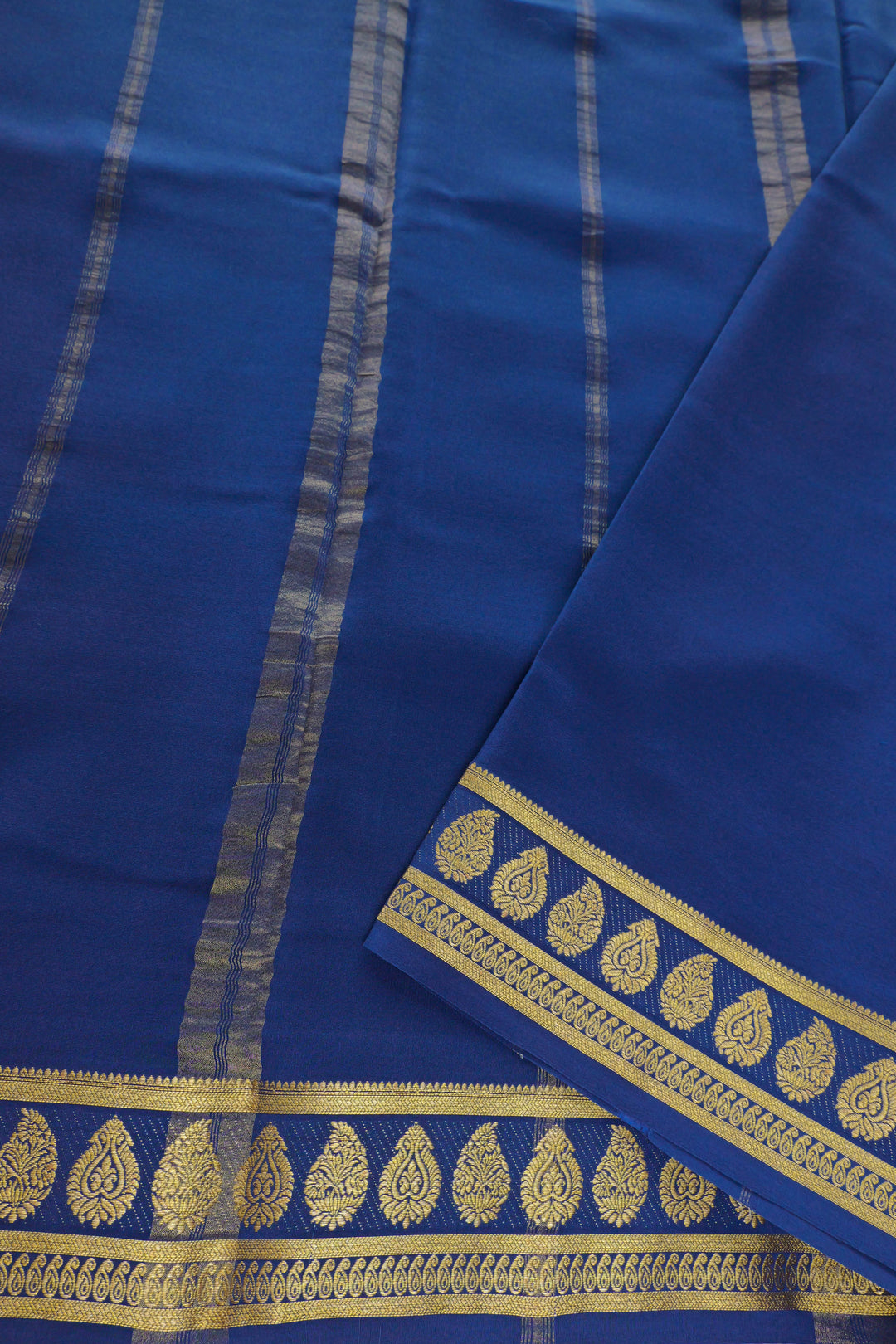 blue Mysore silk saree with golden woven border and pallu