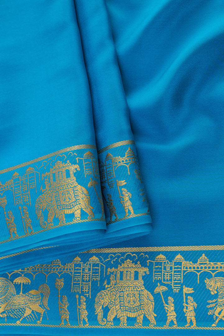 blue Mysore silk saree with golden zari temple patterns