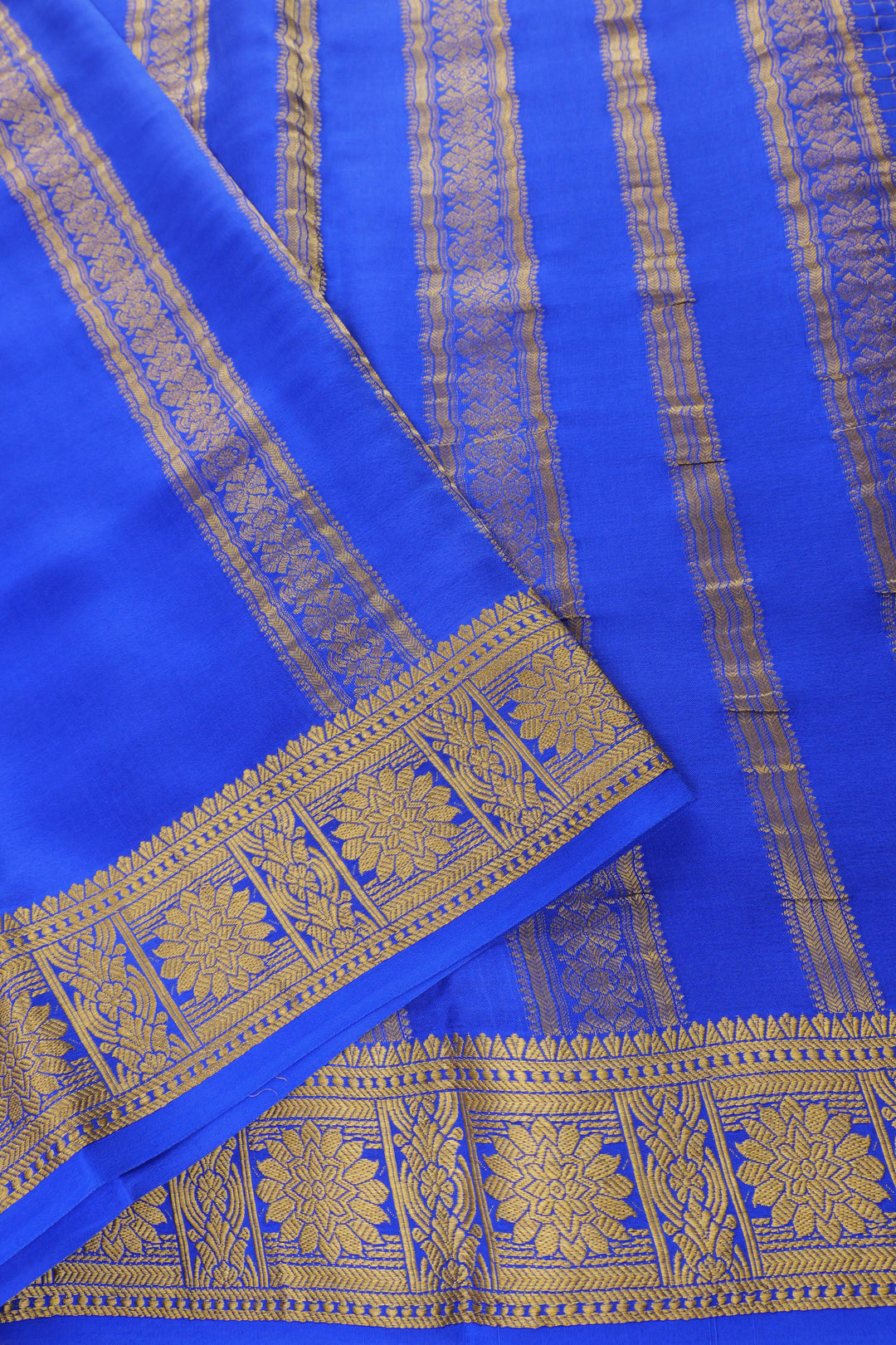 blue Pure Mysore Silk saree with golden zari pallu