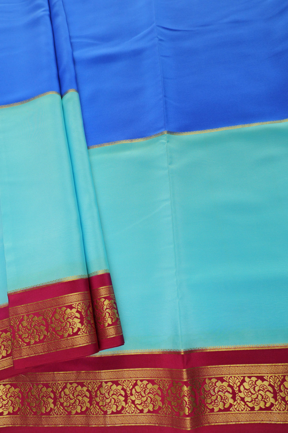 blue and green Mysore Silk Saree with red zari border