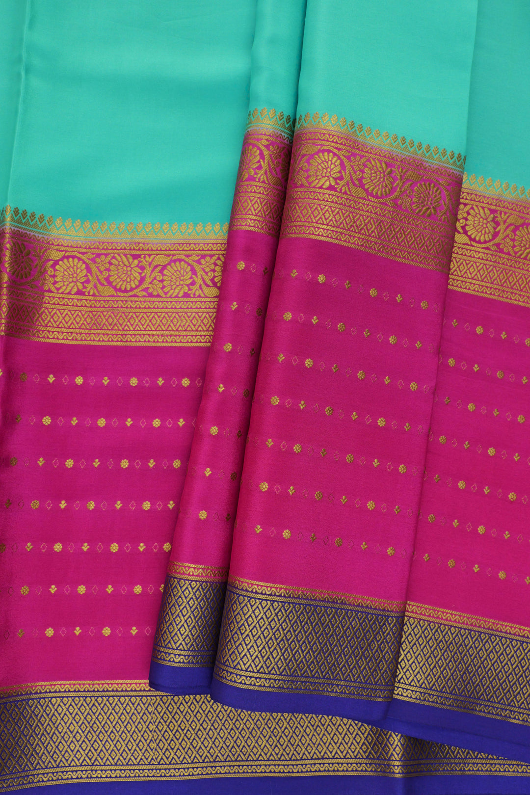 blue and pink Mysore silk saree with blue & gold border