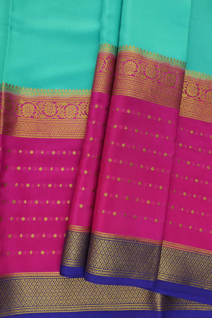 blue and pink Mysore silk saree with blue & gold border