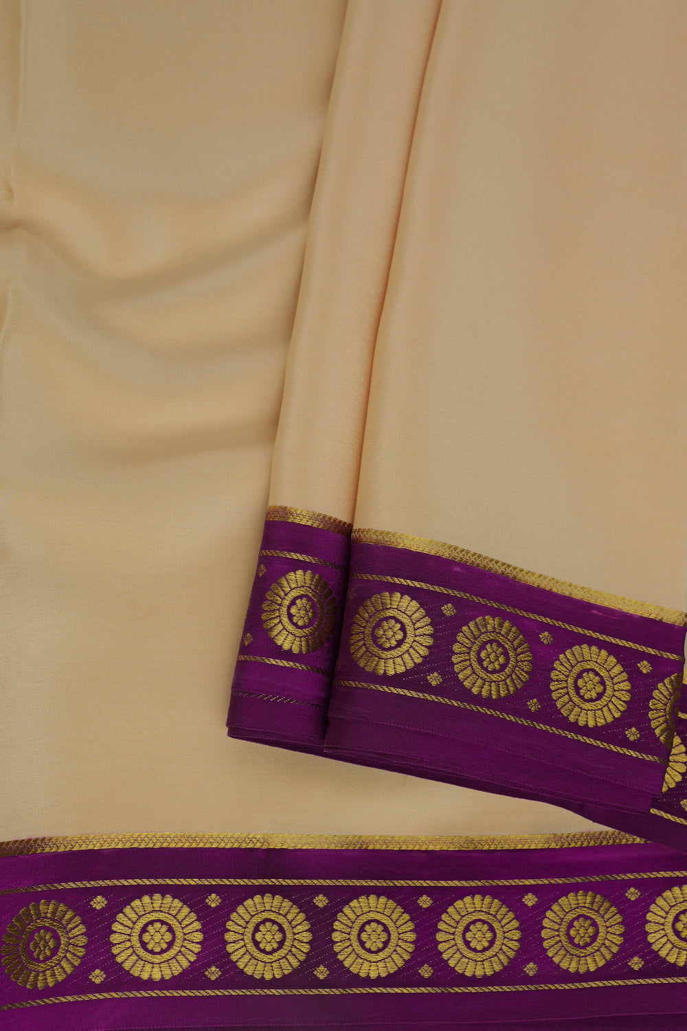 cream pure Mysore silk saree with elegant purple border