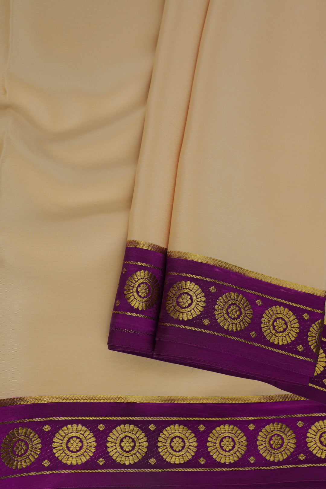 cream pure Mysore silk saree with elegant purple border
