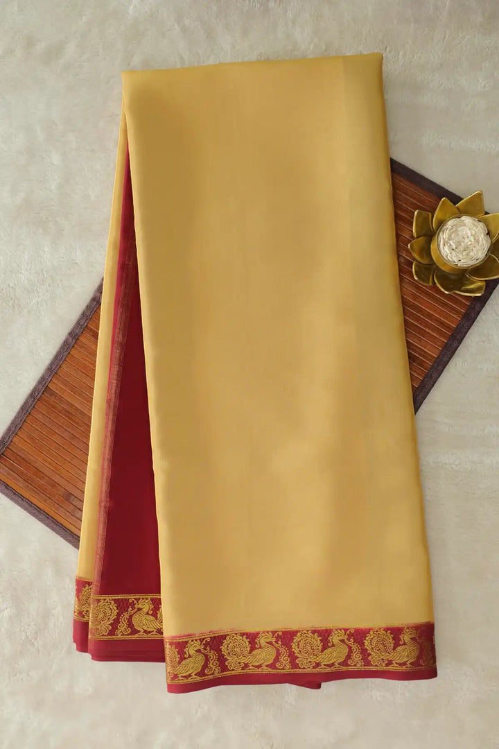 cream yellow mysore silk saree with maroon border