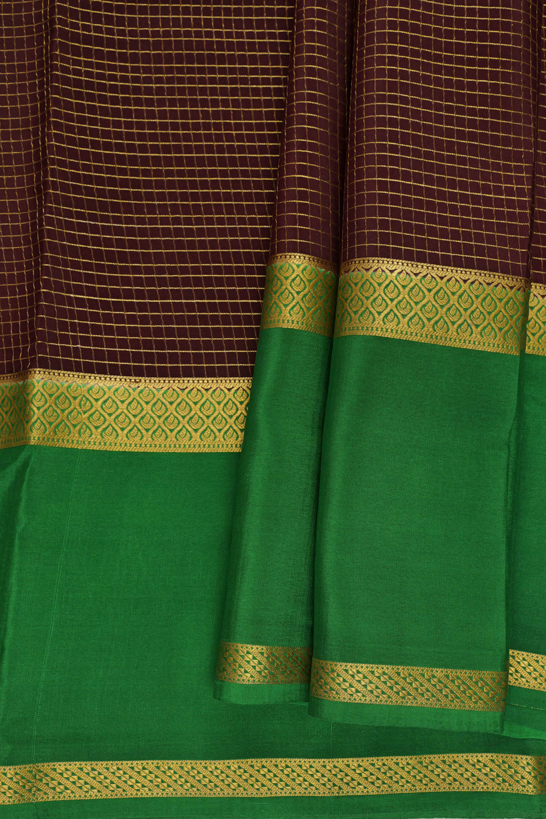 gold lace Mysore silk saree in brown and green