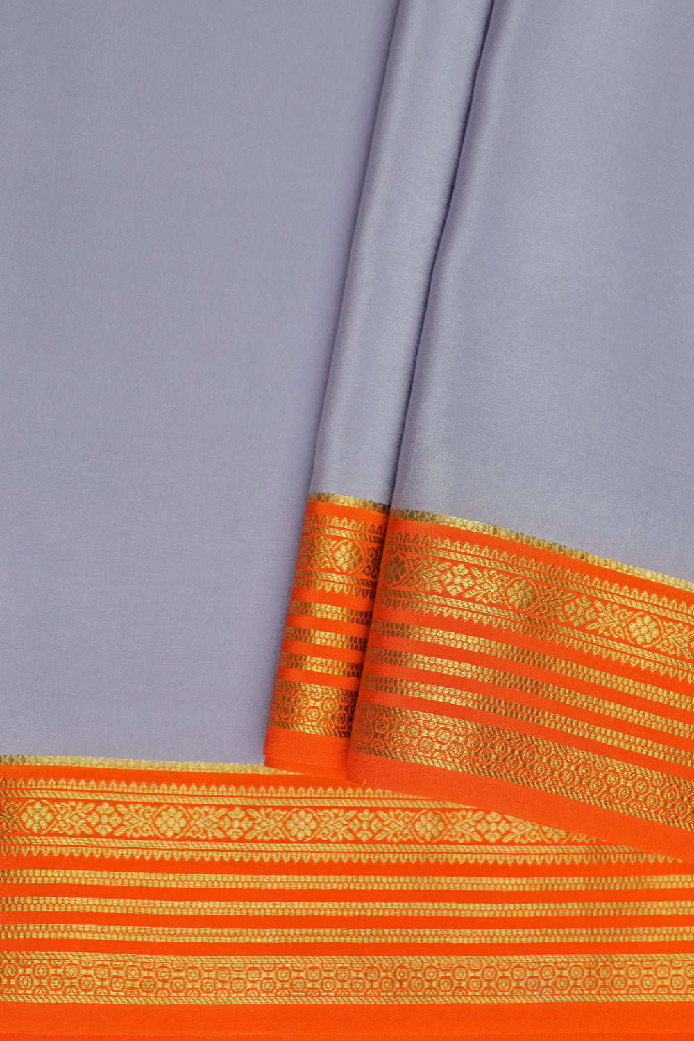 gold lace mysore silk sarees in gray with orange contrast border