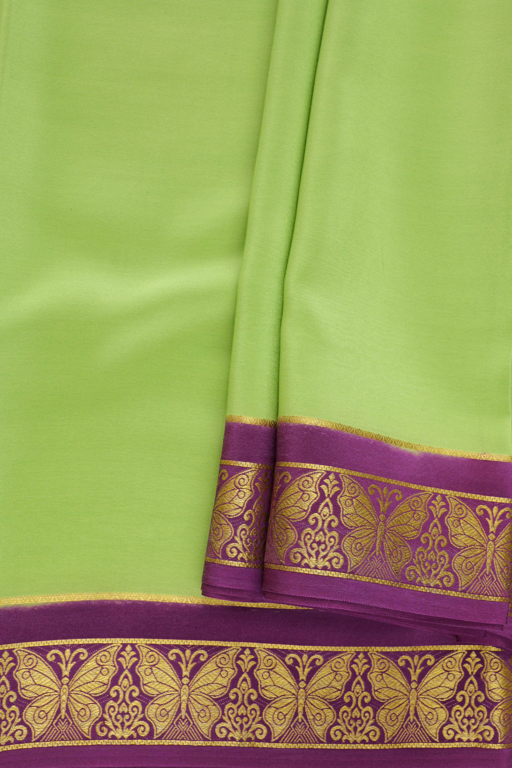 green Mysore silk saree with purple butterfly border