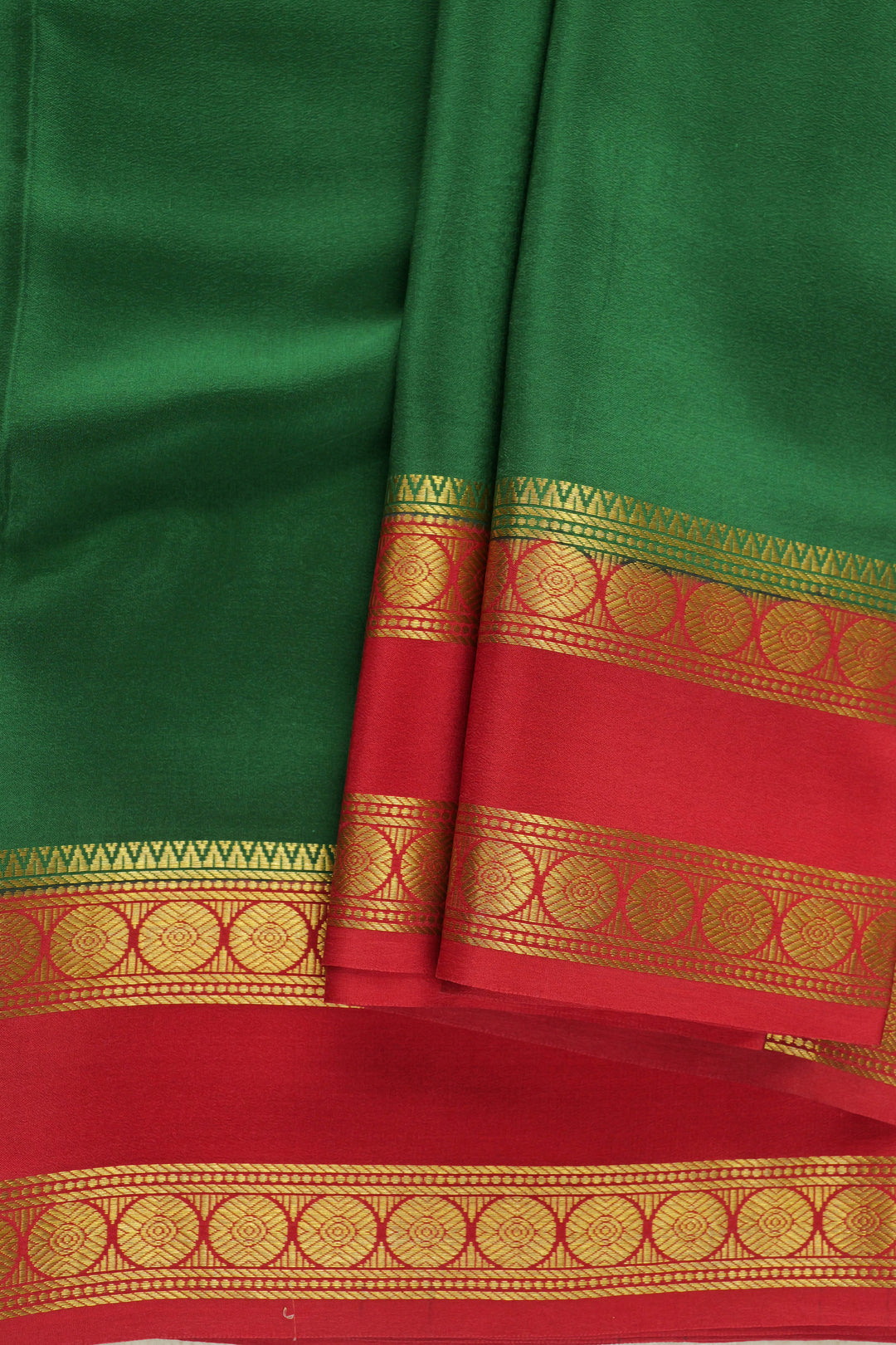 green and contrasting red with gold border in Mysore Silk Sarees