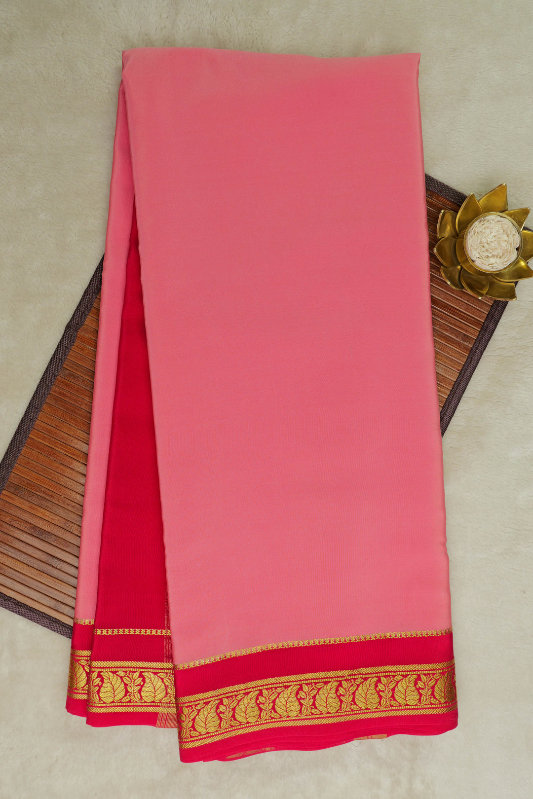 leaf bordered mysore silk sarees in pink and contrasting red border