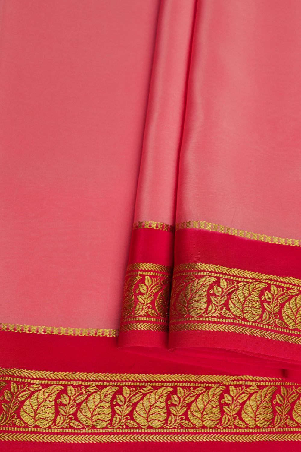 leaf bordered mysore silk sarees in pink with red blouse