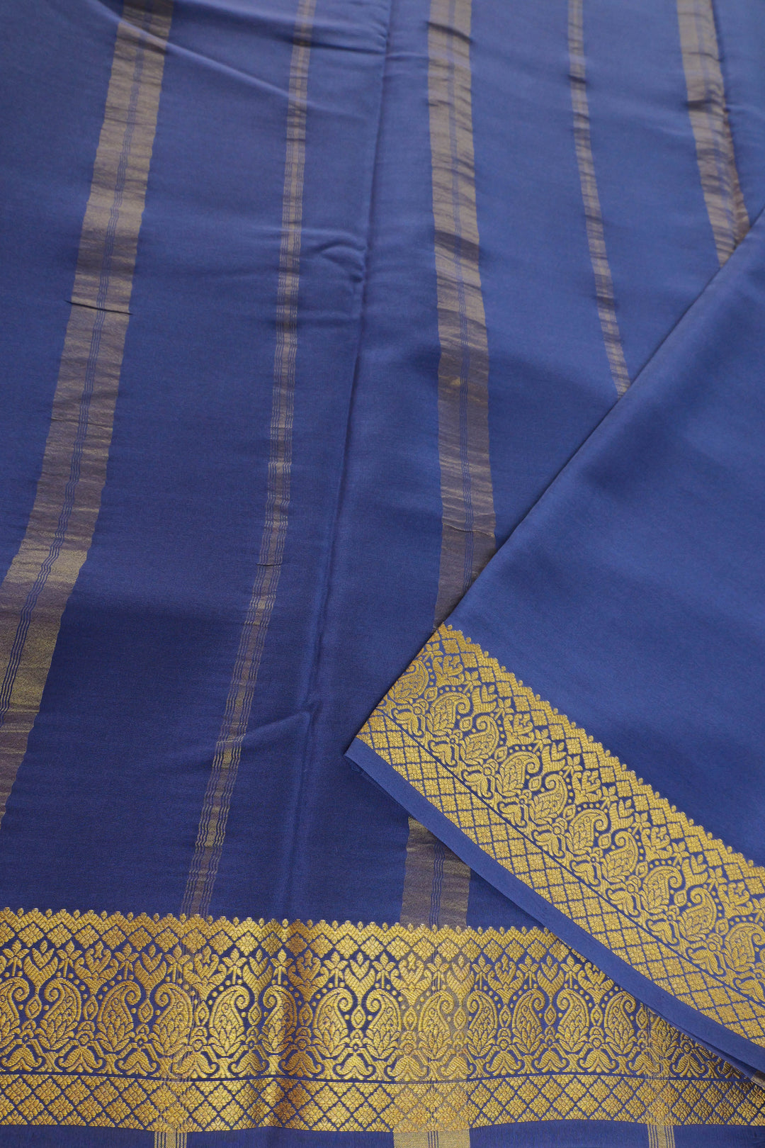  light blue Mysore silk saree with a contrasting navy blue pallu 