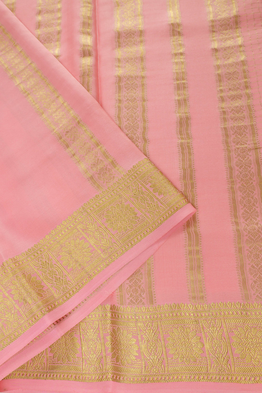 light pink Pure Mysore Silk saree with golden zari pallu and border