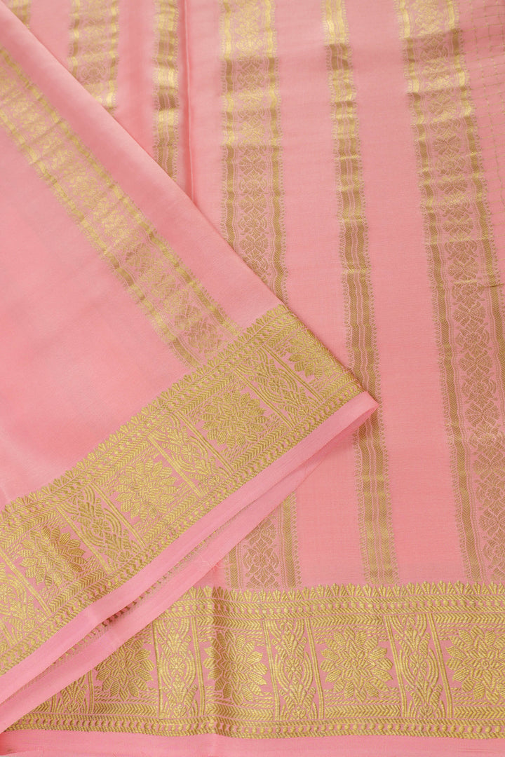 light pink Pure Mysore Silk saree with golden zari pallu and border