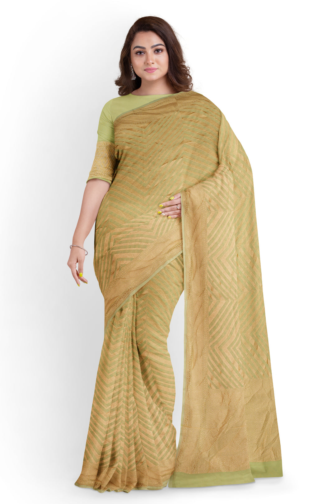 Pastel Moss Green Rangkat Khaddi Georgette Handloom Banarasi Saree | SILK MARK CERTIFIED