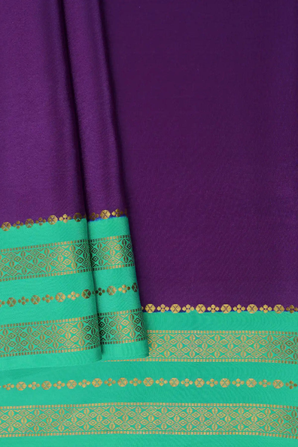 mysore silk latest design sarees in purple and green with gold border