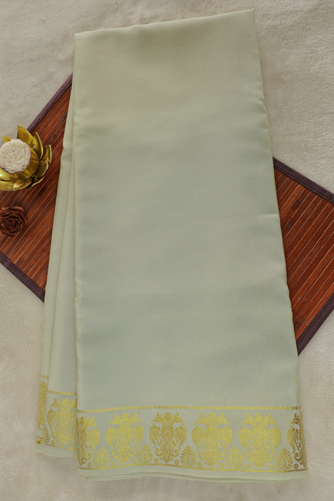  off white Mysore silk saree with gandaberunda pattern