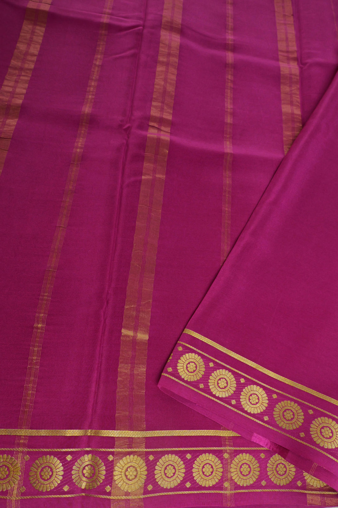 orange Mysore silk saree with contrast pink pallu and gold patterns