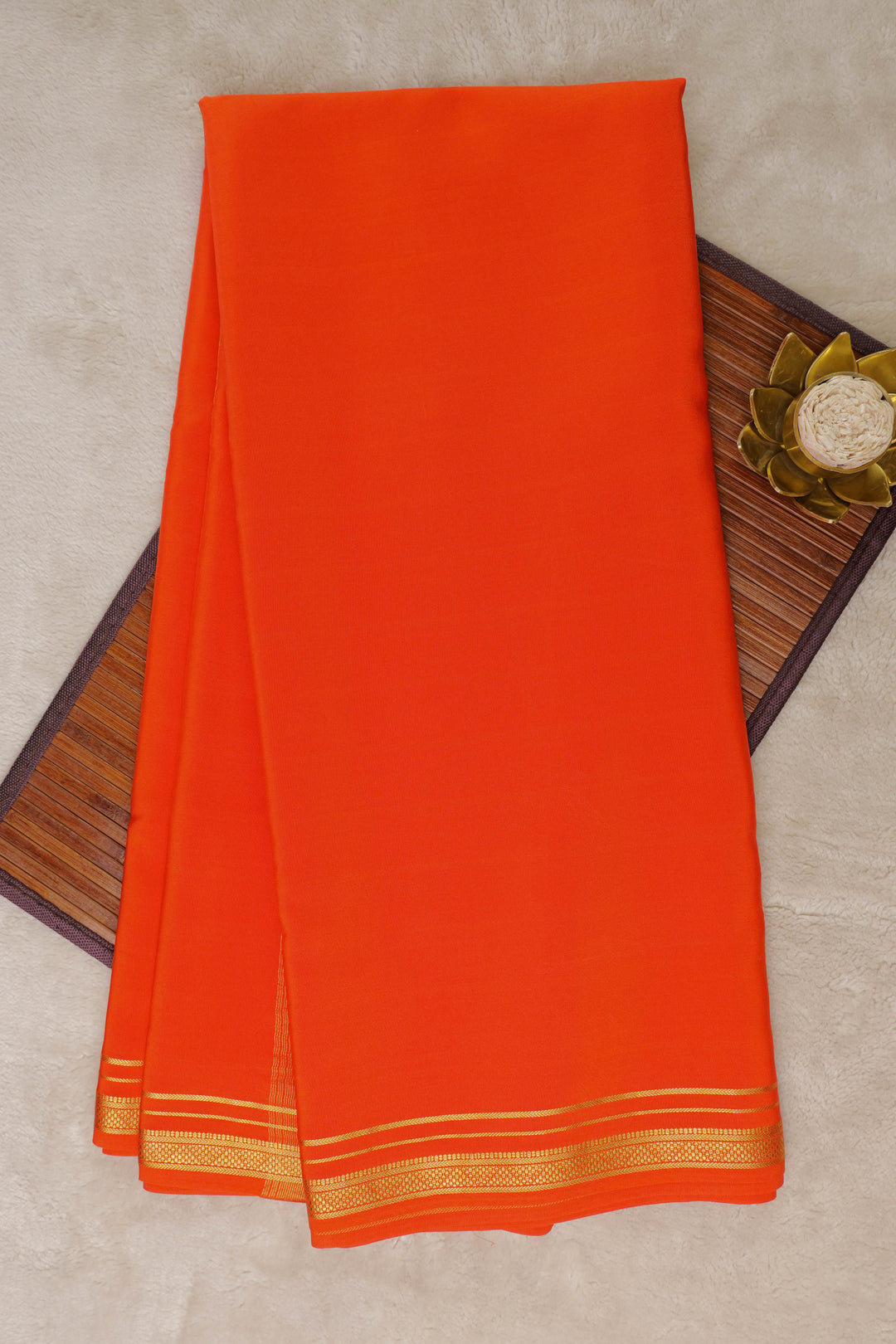 orange color self mysore silk sarees with gold pallu